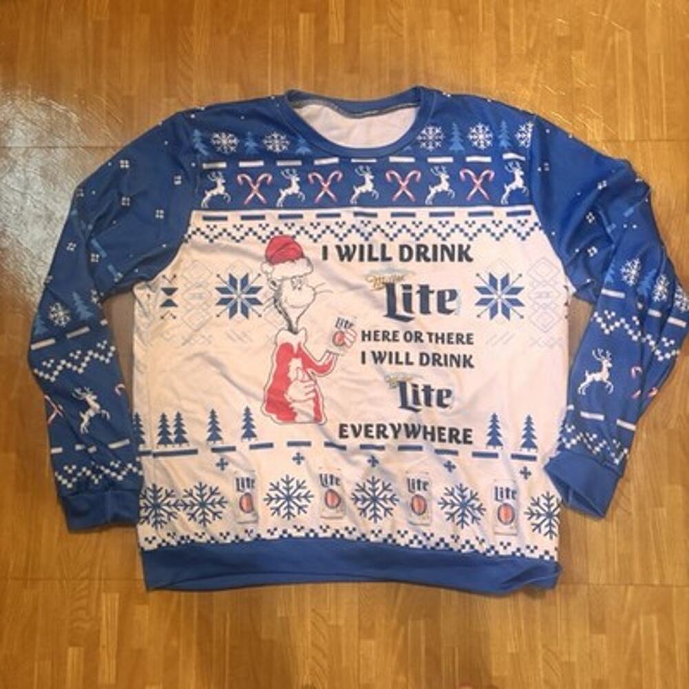 Miller Lite Dr Seuss Grinch Ugly Christmas Sweater Shirt Men XXL 2XL Beer